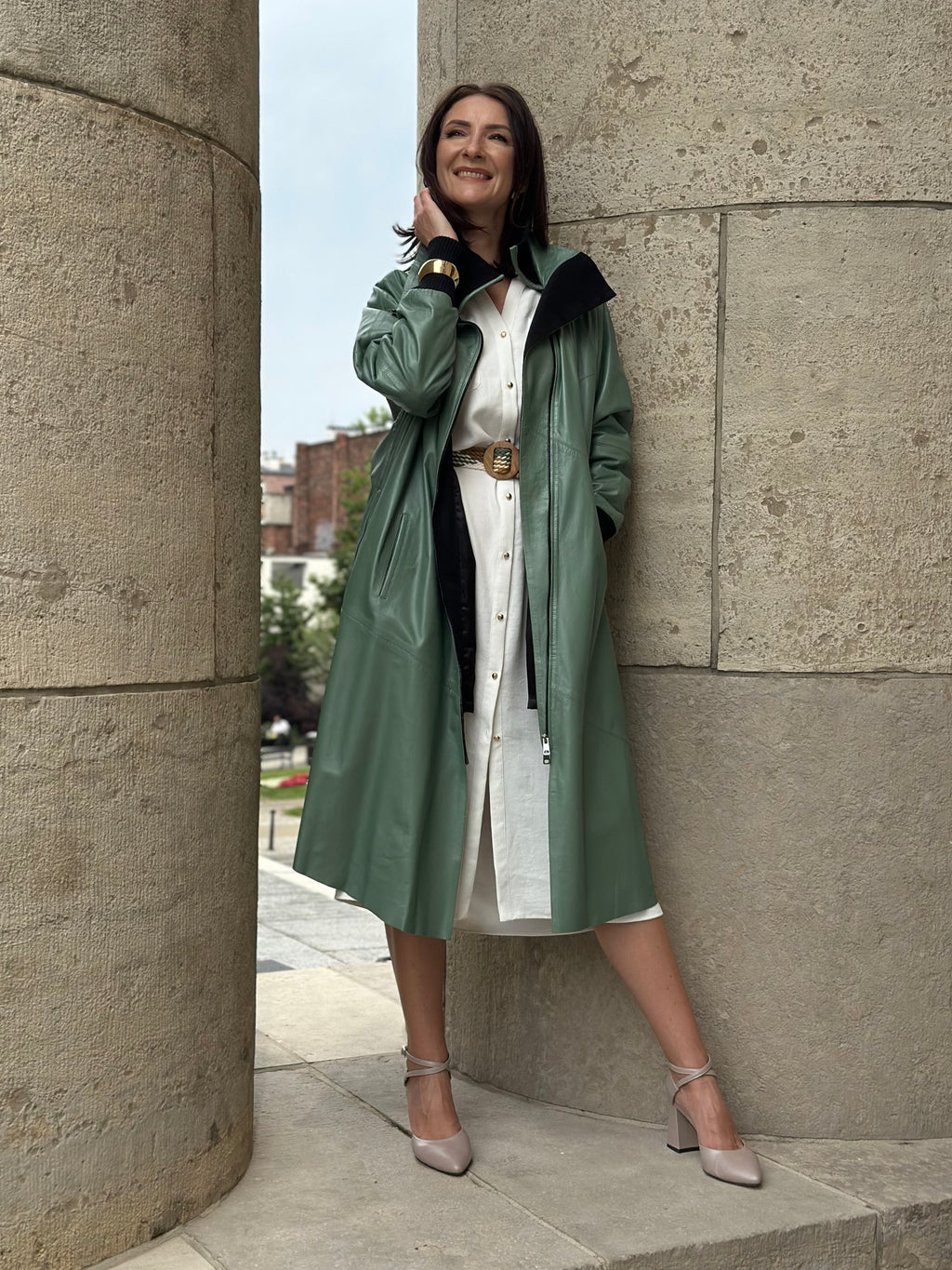 Long Leather Coat in Botanical Green