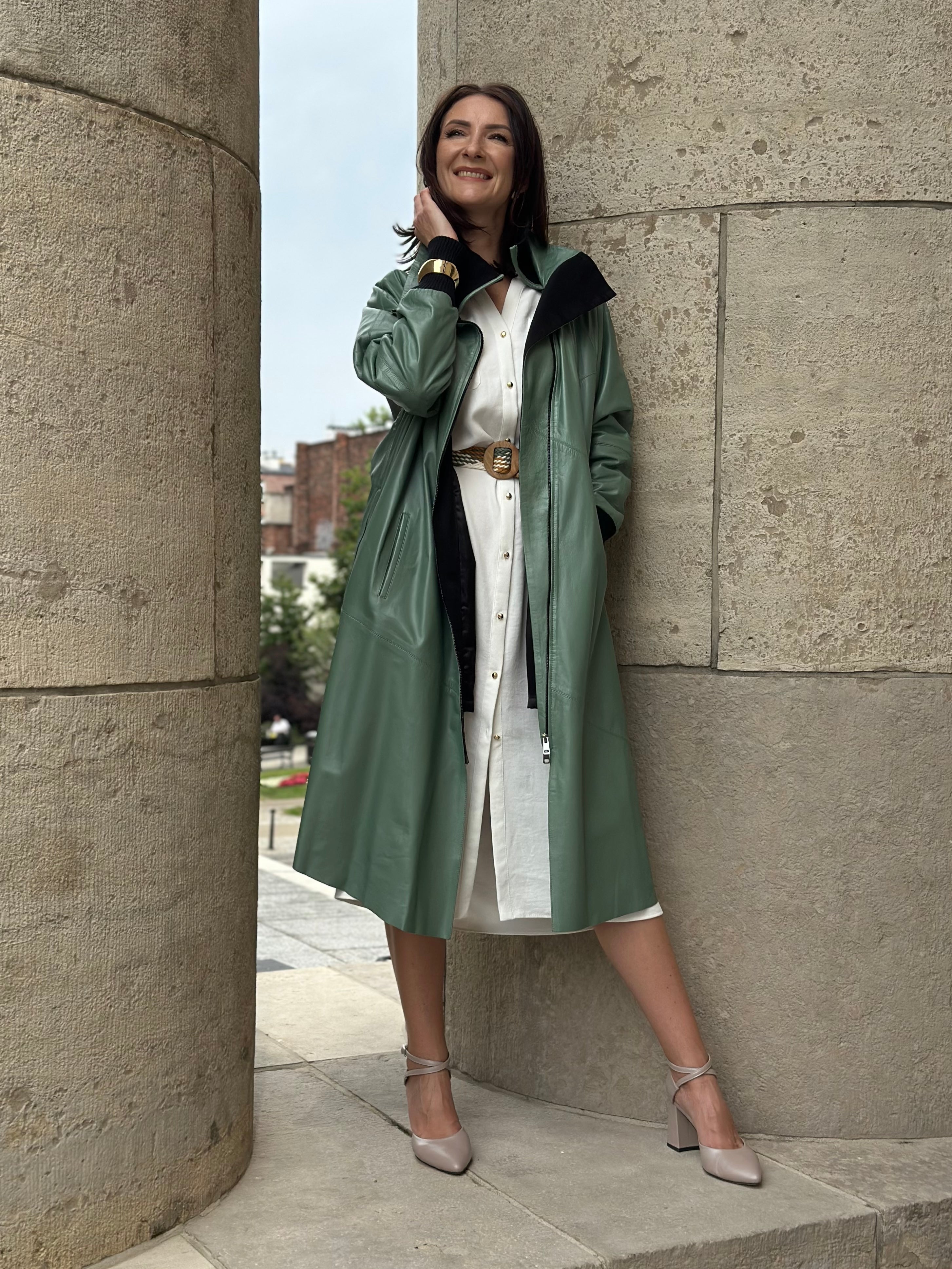 Long Leather Coat in Botanical Green