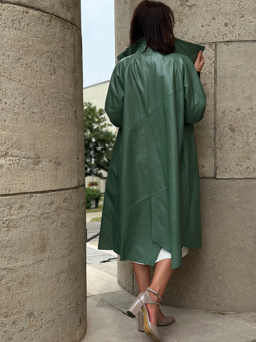 Long Leather Coat in Botanical Green