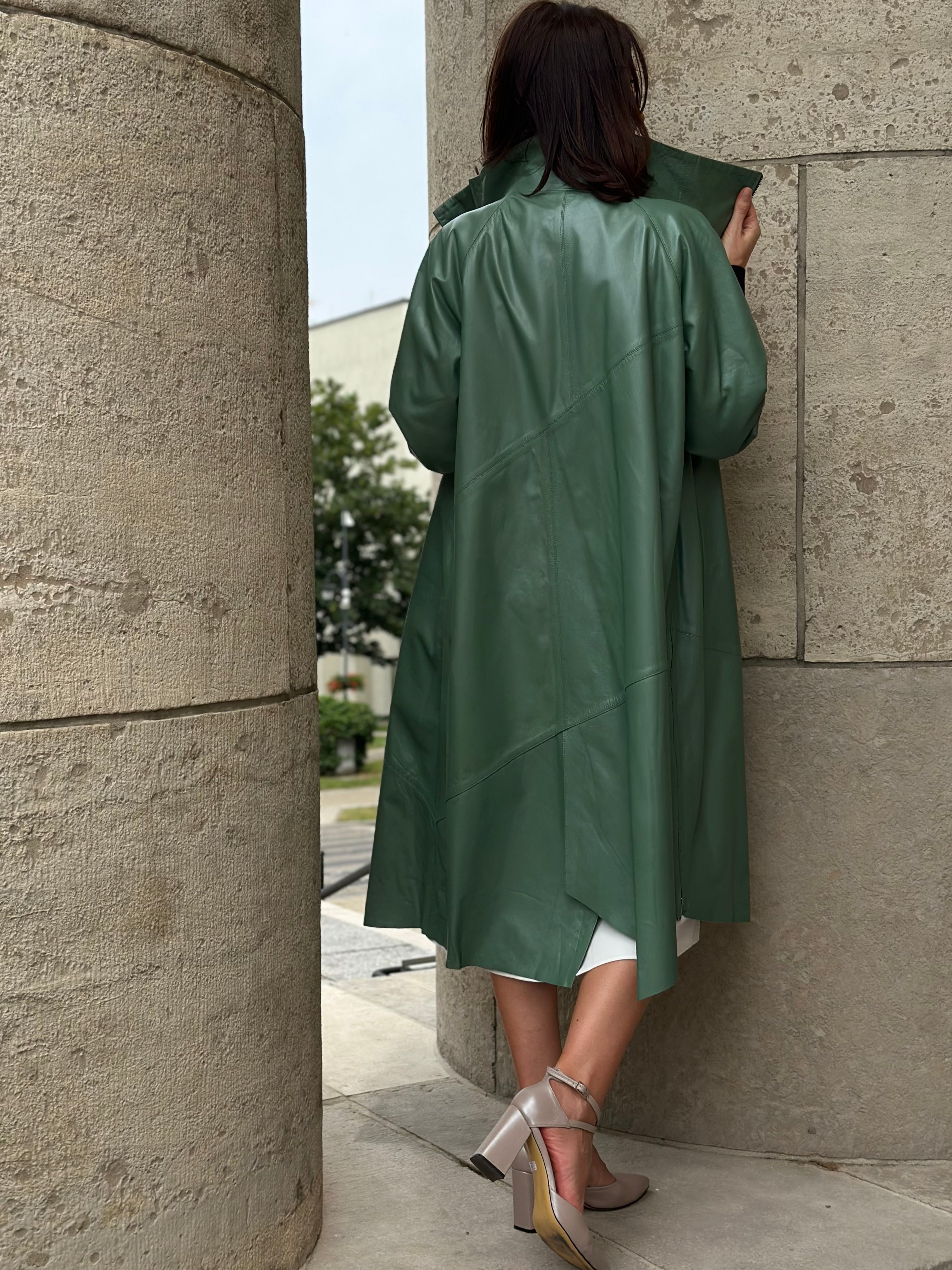 Long Leather Coat in Botanical Green