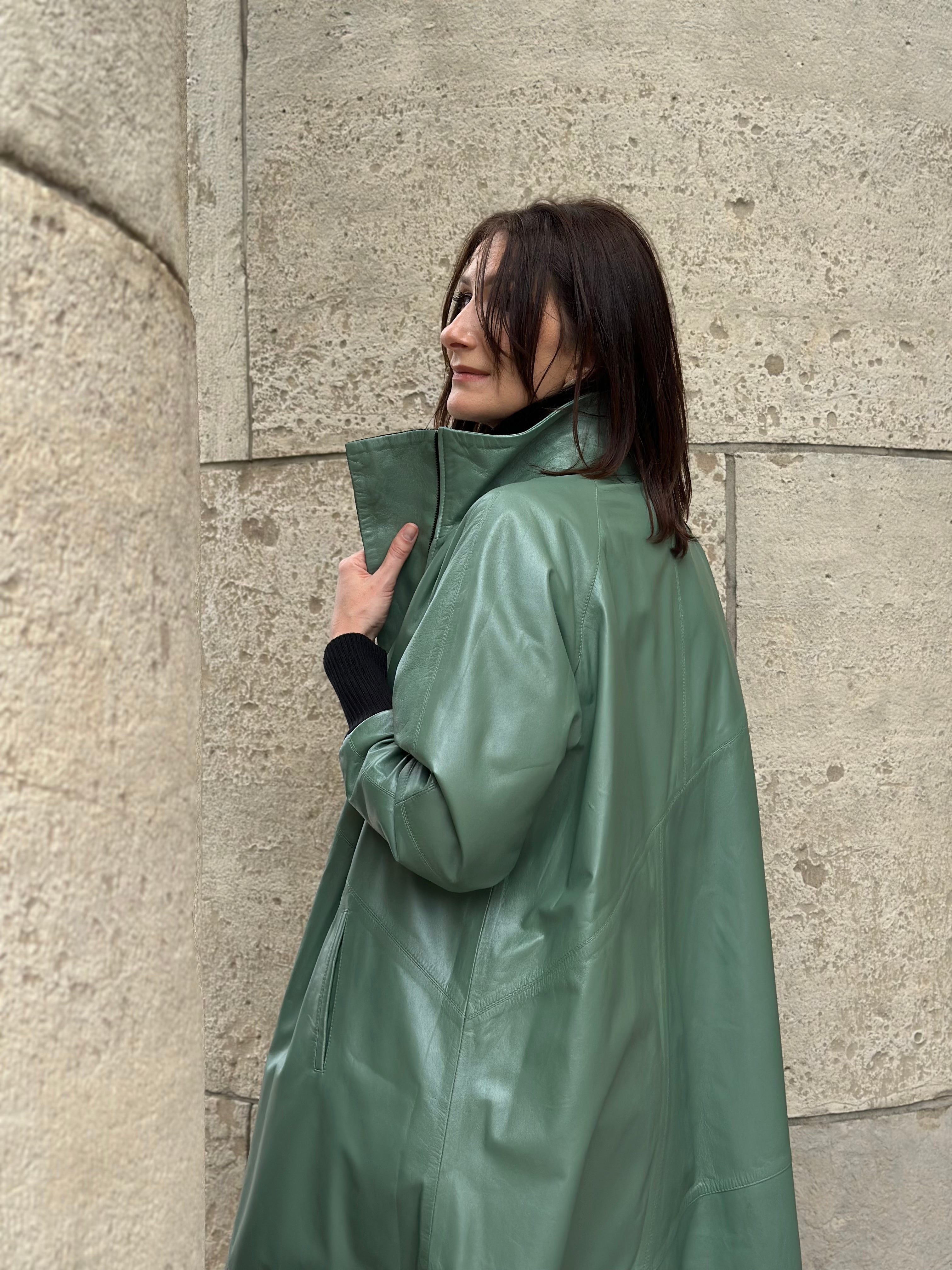 Long Leather Coat in Botanical Green