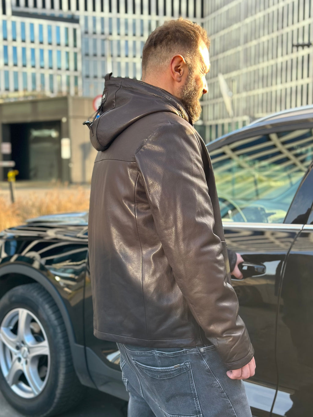 Brown hooded leather jacket