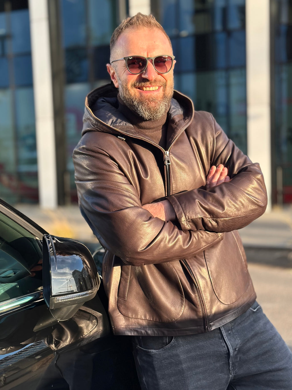 Brown hooded leather jacket