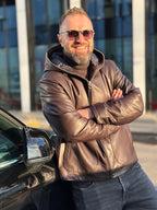 Brown hooded leather jacket