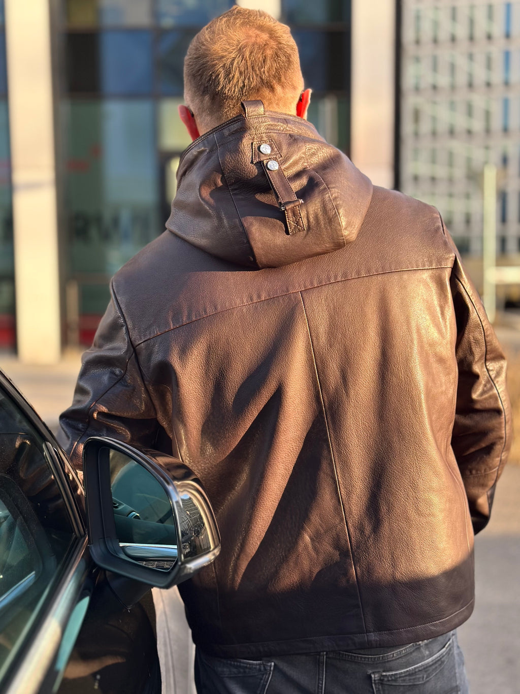 Brown hooded leather jacket