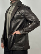 Brązowa męska marynarka skórzana z dzianinową podpinką