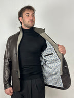 Brązowa męska marynarka skórzana z dzianinową podpinką