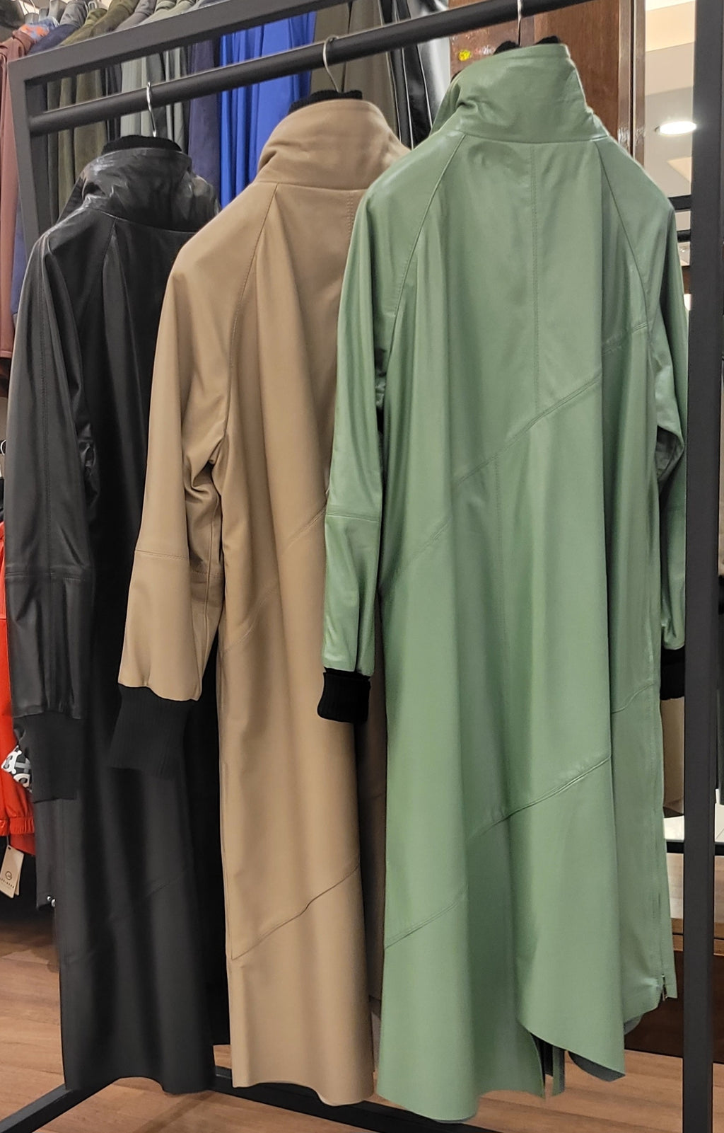 Long Leather Coat in Botanical Green