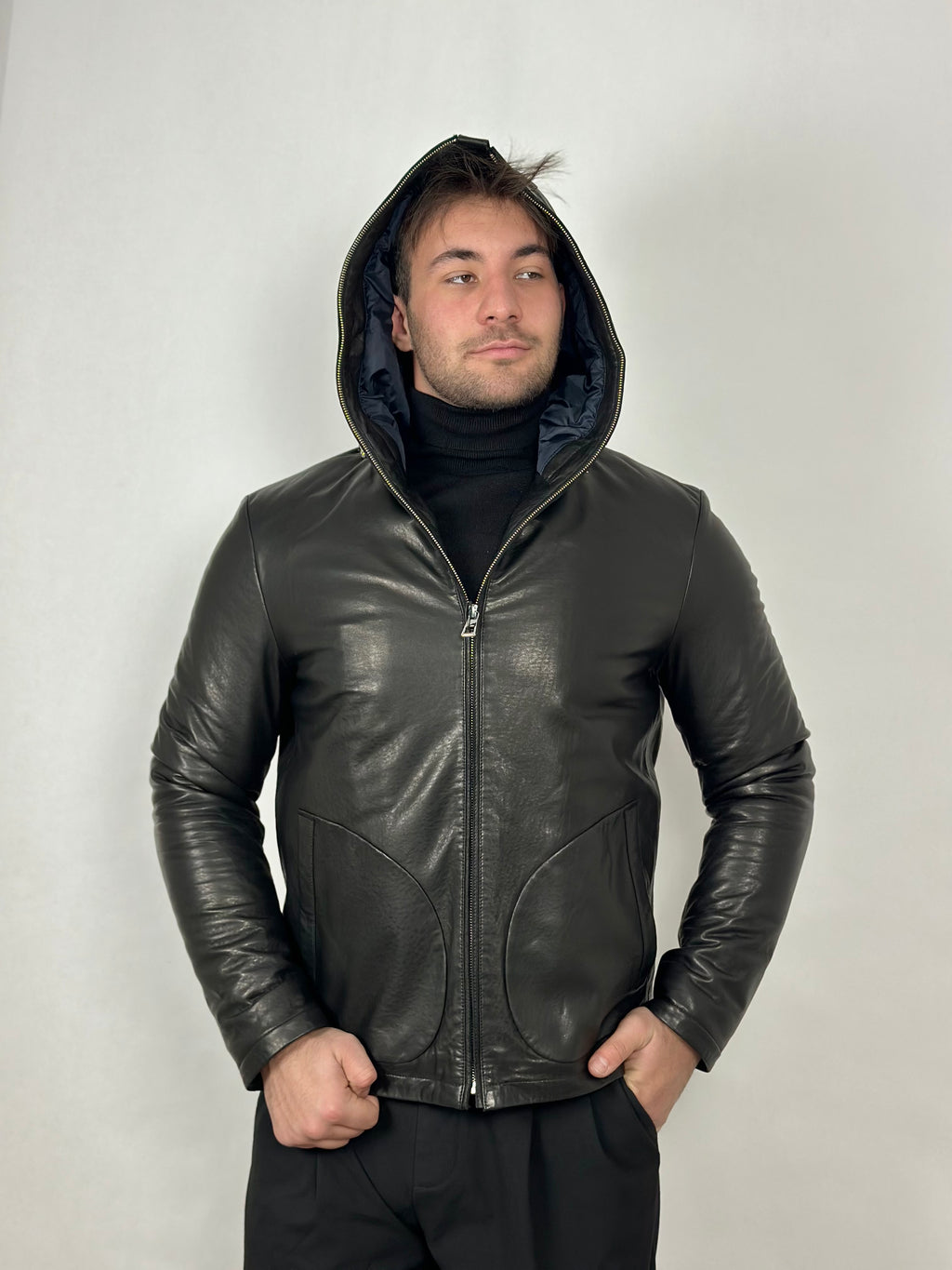 Black hooded leather jacket