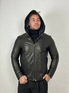 Black hooded leather jacket