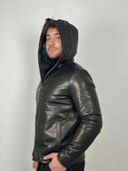 Black hooded leather jacket