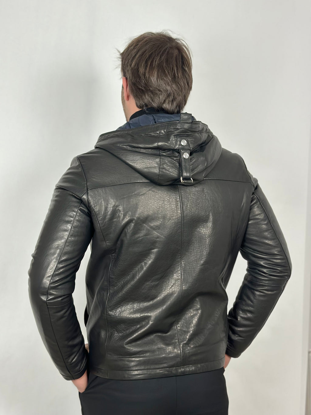 Black hooded leather jacket