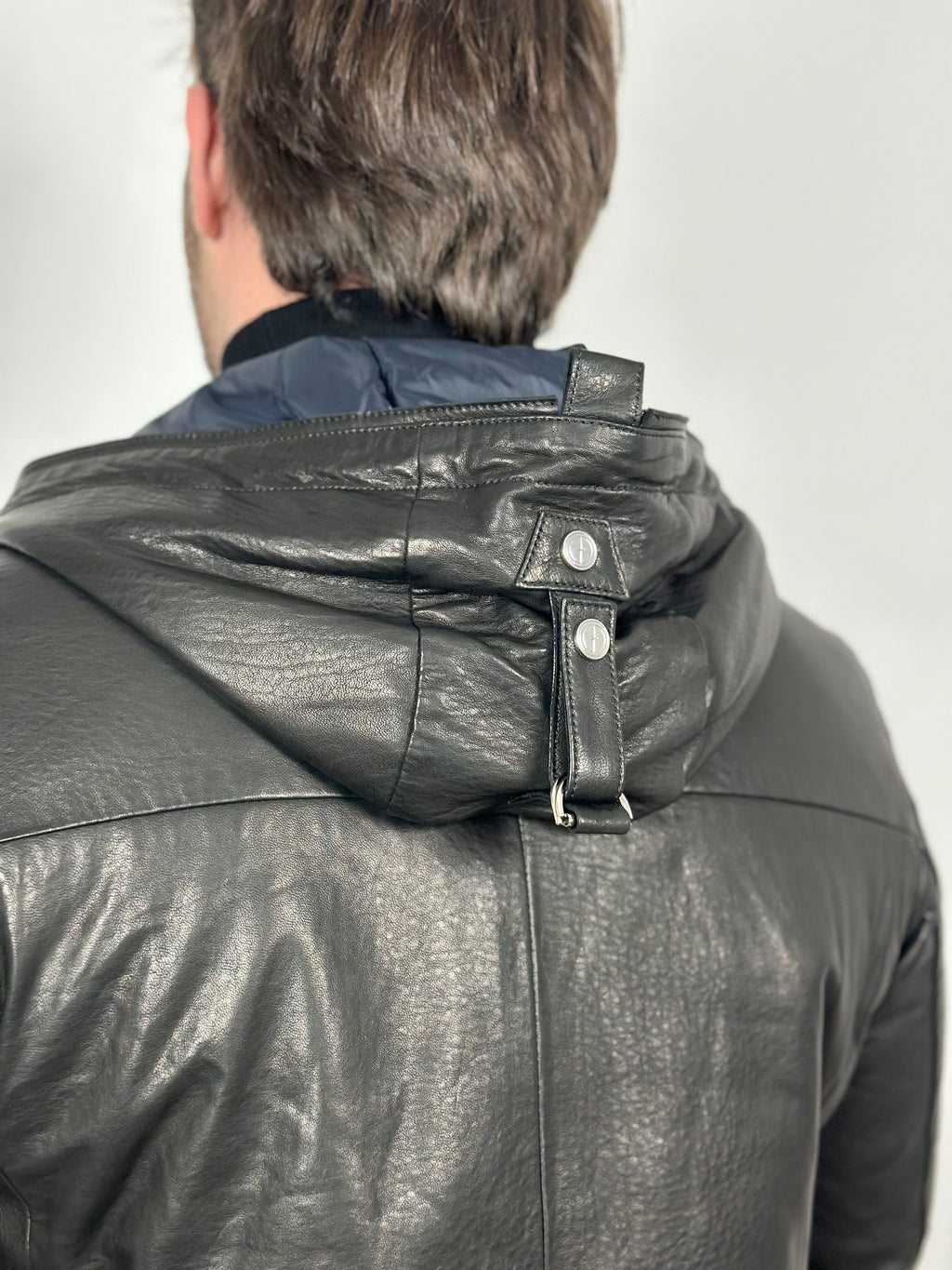 Black hooded leather jacket