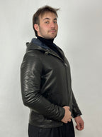 Black hooded leather jacket