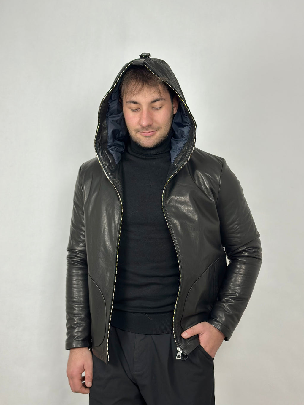 Black hooded leather jacket