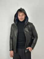 Black hooded leather jacket