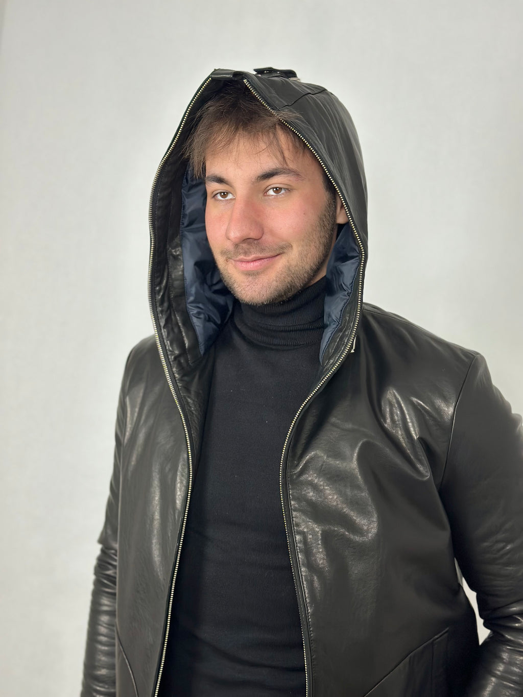Black hooded leather jacket