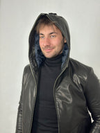 Black hooded leather jacket