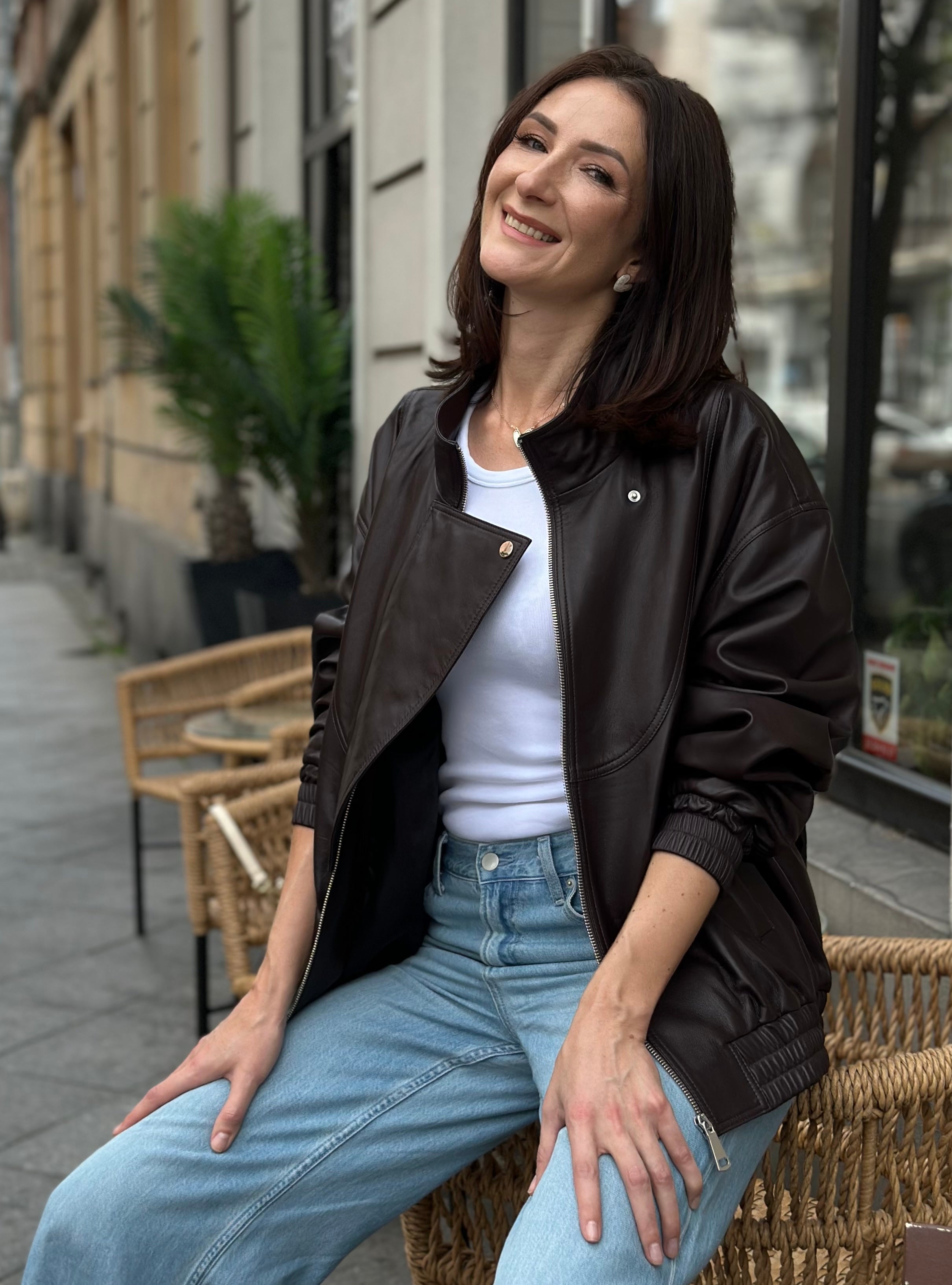 Cropped Leather Jacket in Deep Chocolate Brown