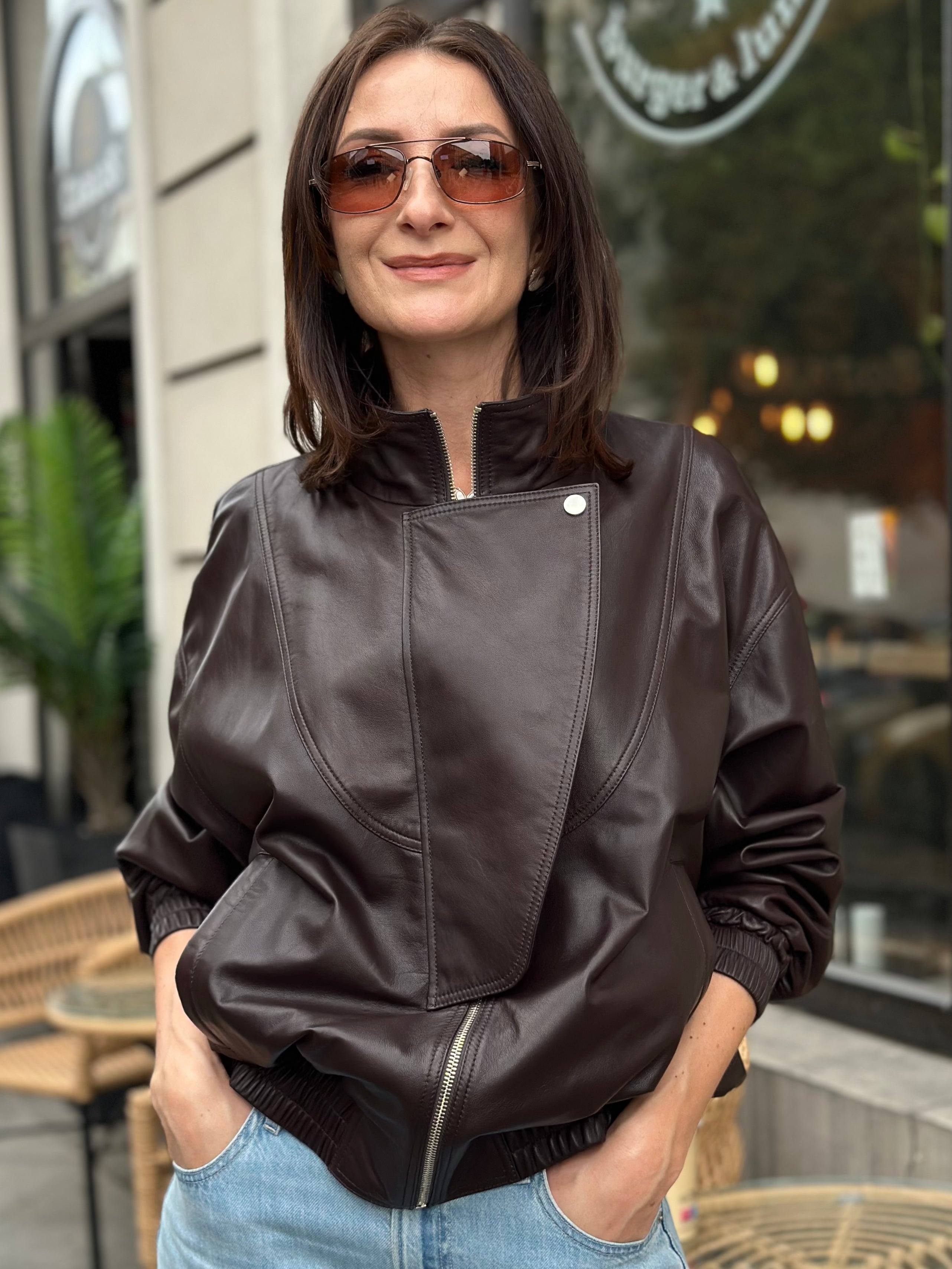 Cropped Leather Jacket in Deep Chocolate Brown