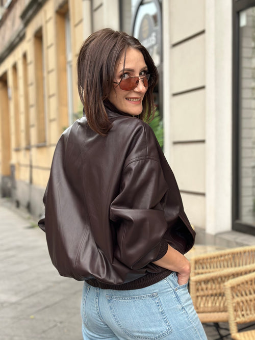 Cropped Leather Jacket in Deep Chocolate Brown