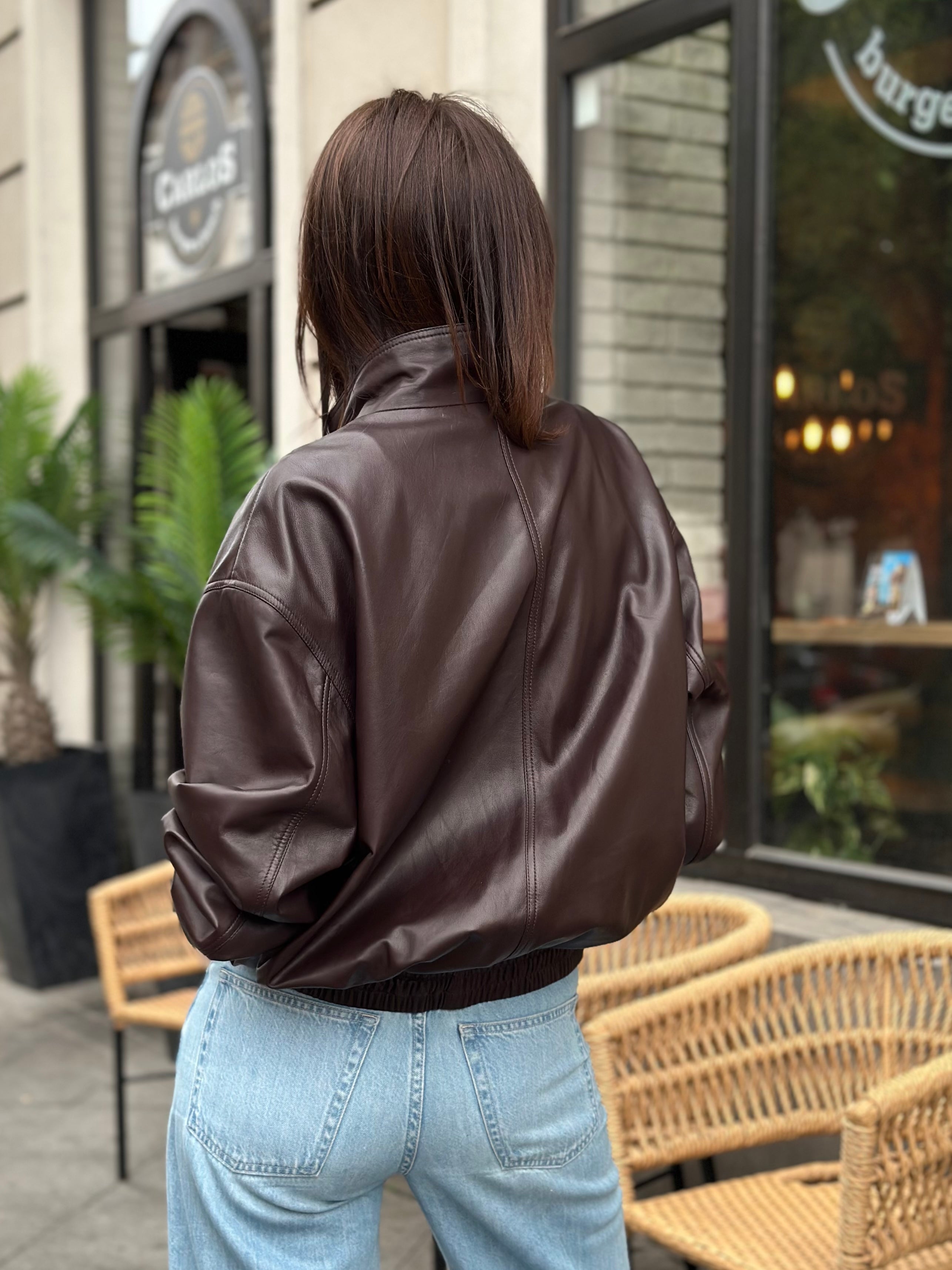 Cropped Leather Jacket in Deep Chocolate Brown