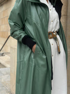 Long Leather Coat in Botanical Green