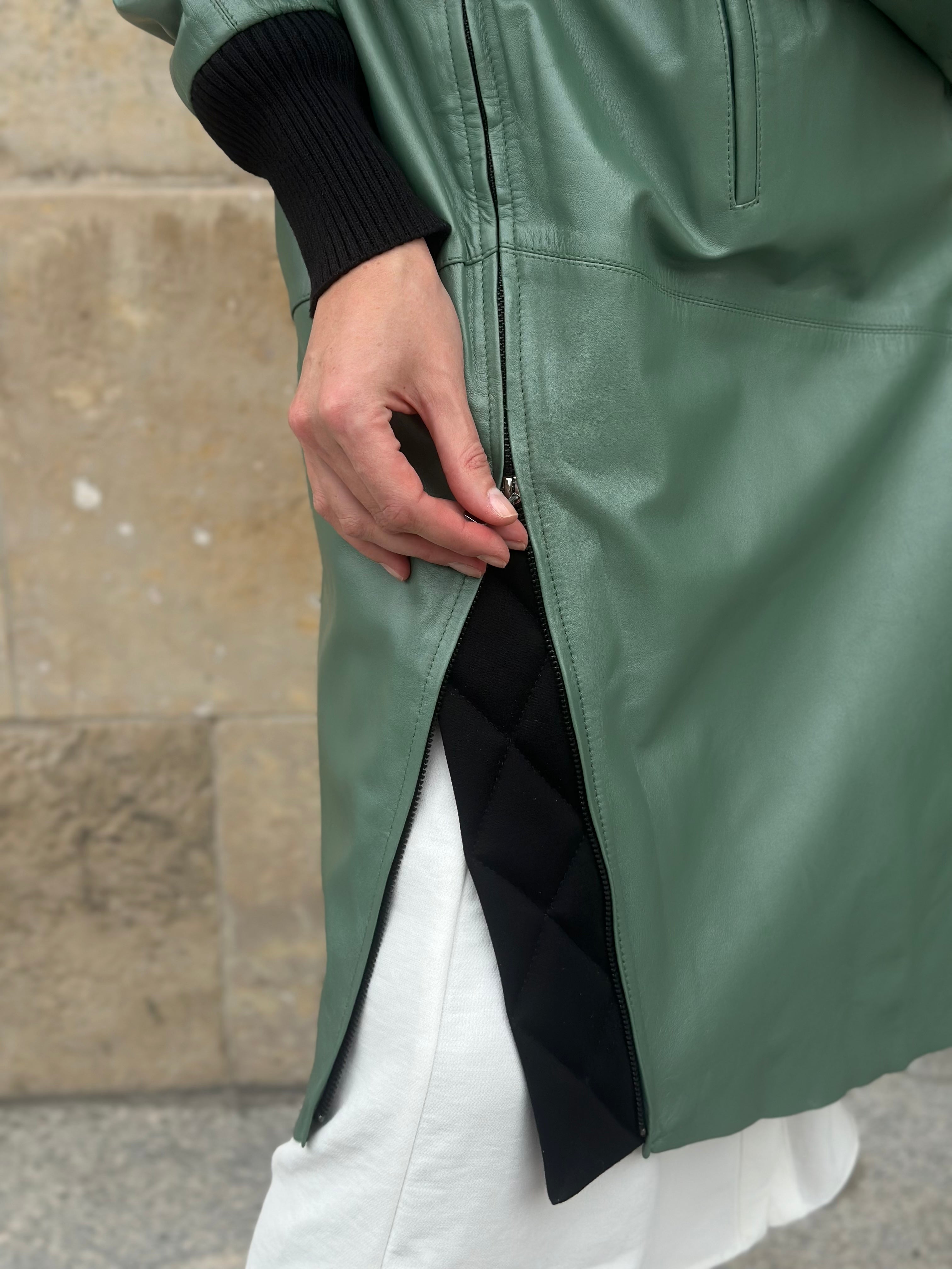 Long Leather Coat in Botanical Green
