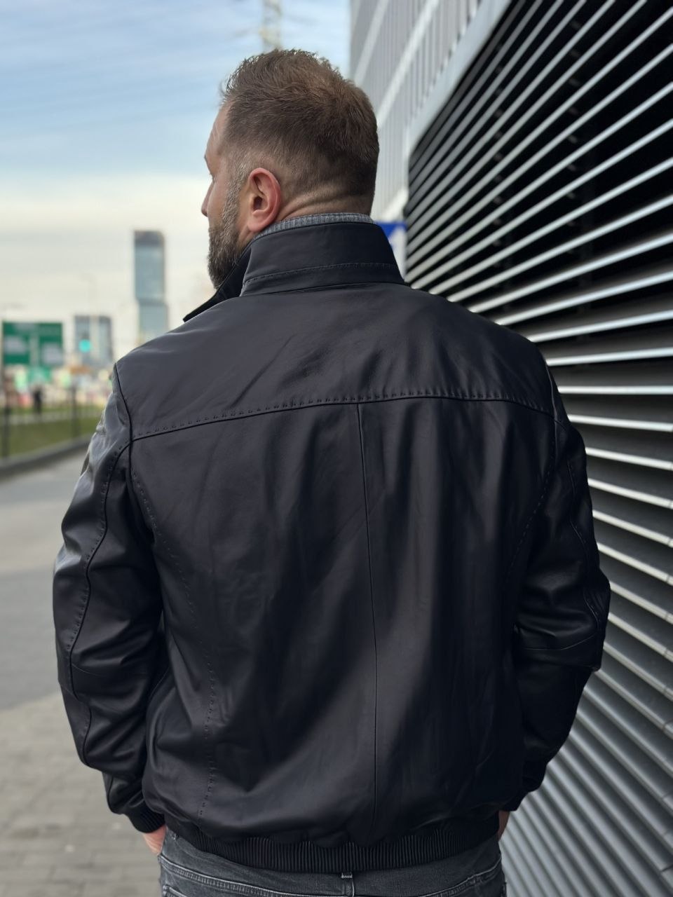 Black men’s leather bomber jacket