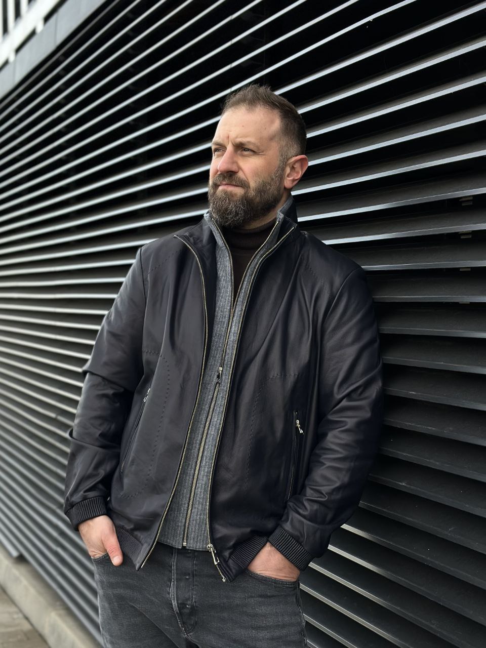 Black men’s leather bomber jacket