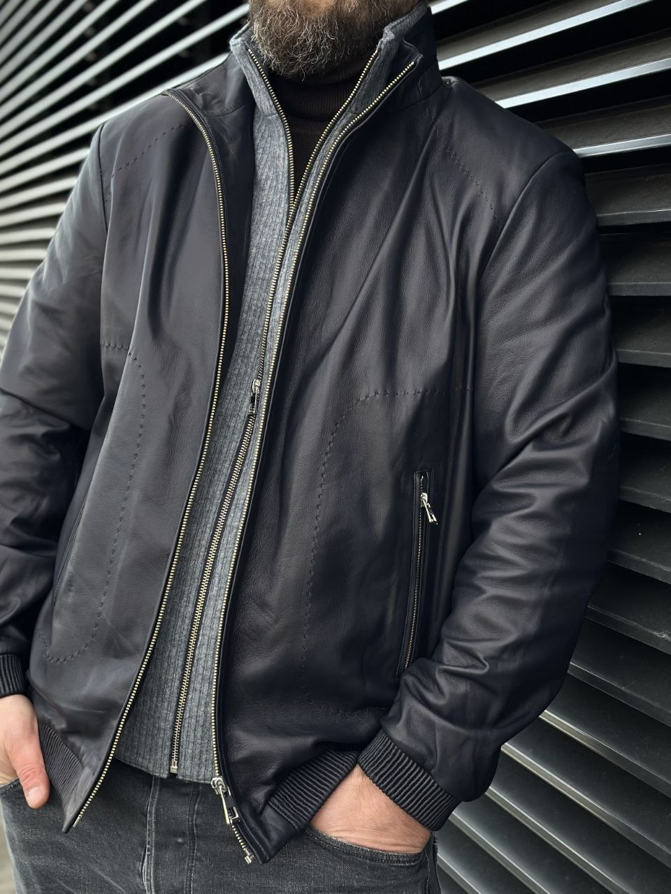 Black men’s leather bomber jacket