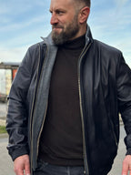 Black men’s leather bomber jacket