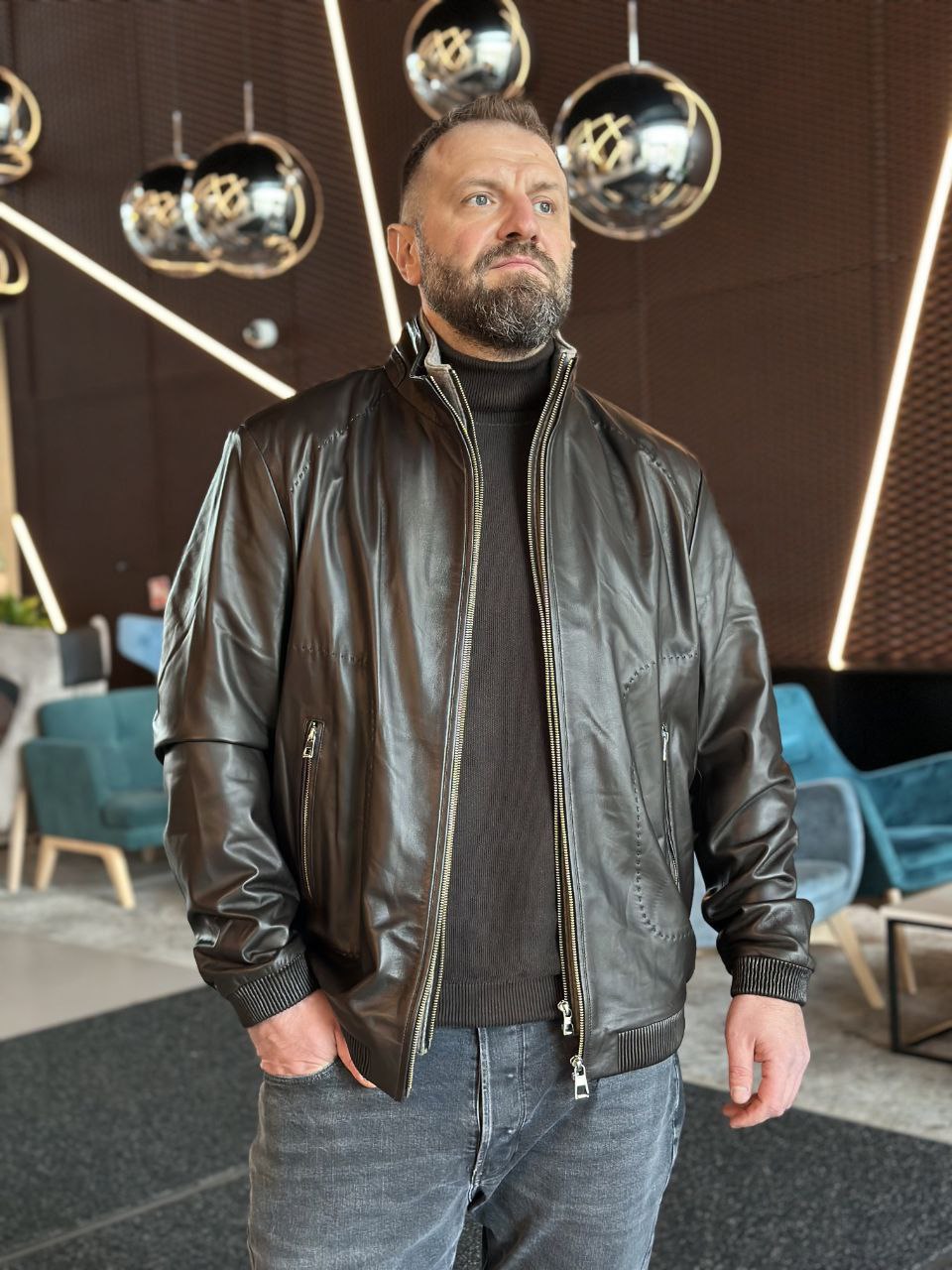 Męski skórzany bomber brązowy