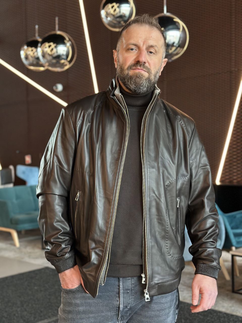 Męski skórzany bomber brązowy